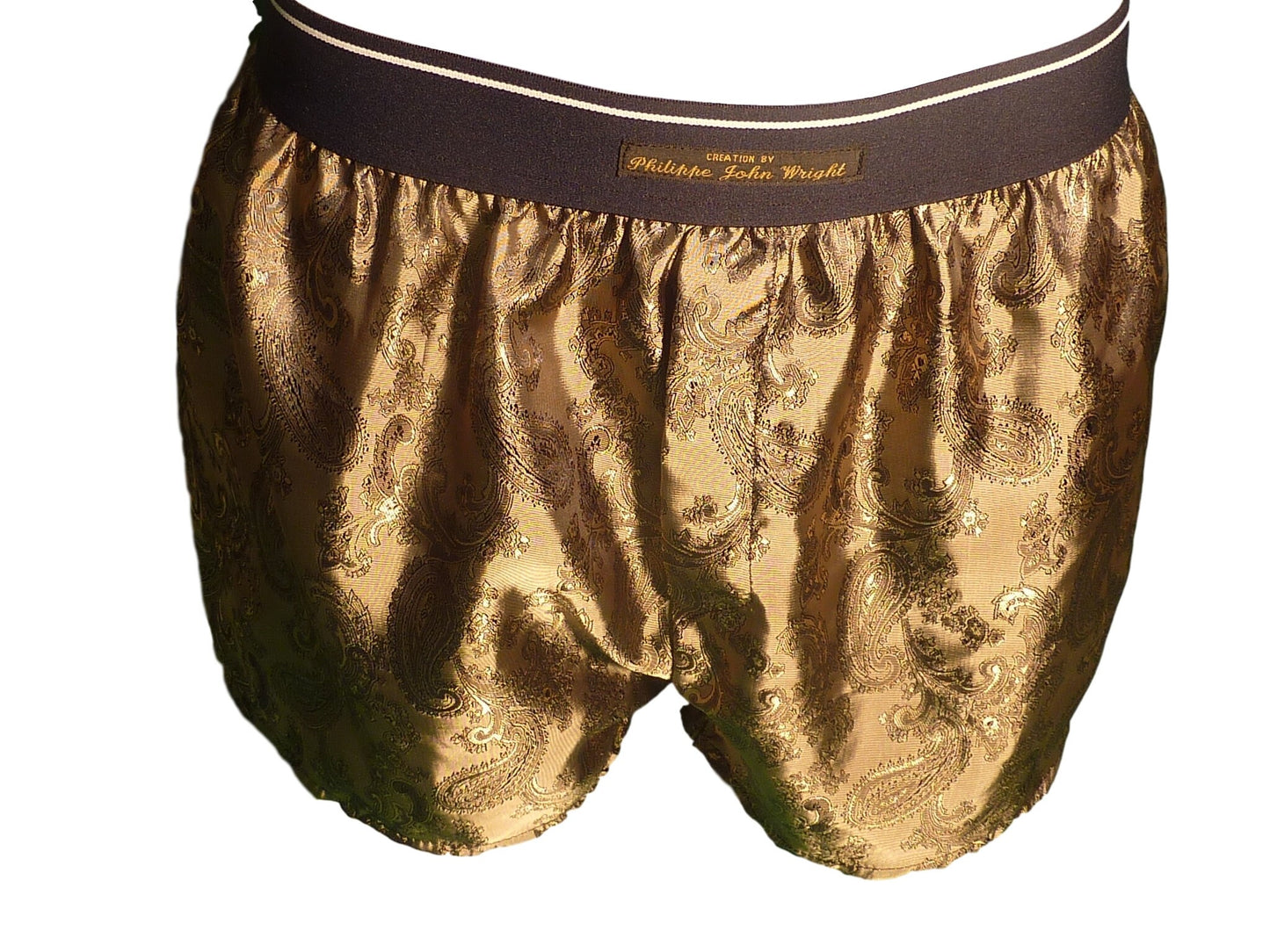Handmade and made in France golden silk boxer shorts with cashmere pattern