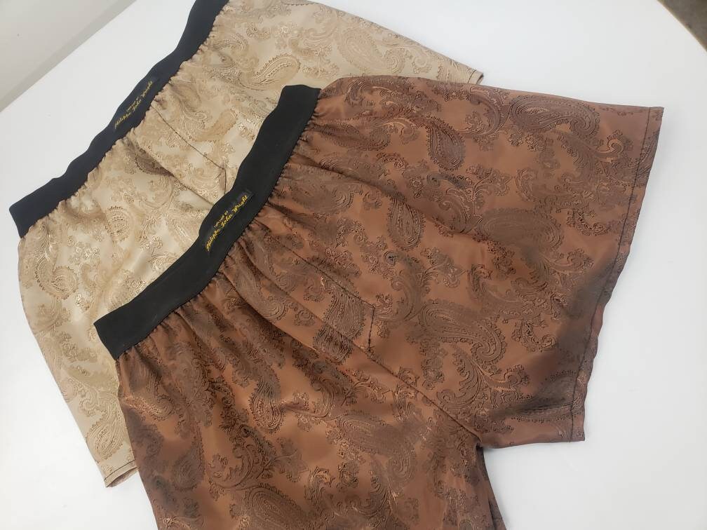 Two silk boxer shorts double bundle paisley pattern made in France BROWN AND BEIGE.