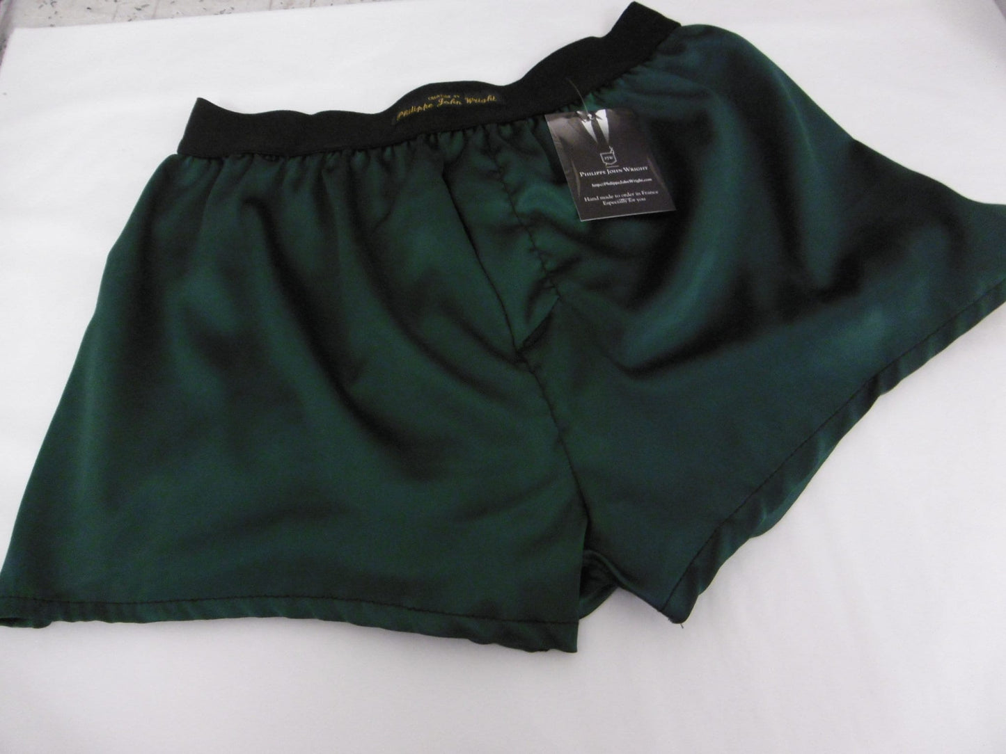 Dark green satin boxer shorts for men made in France