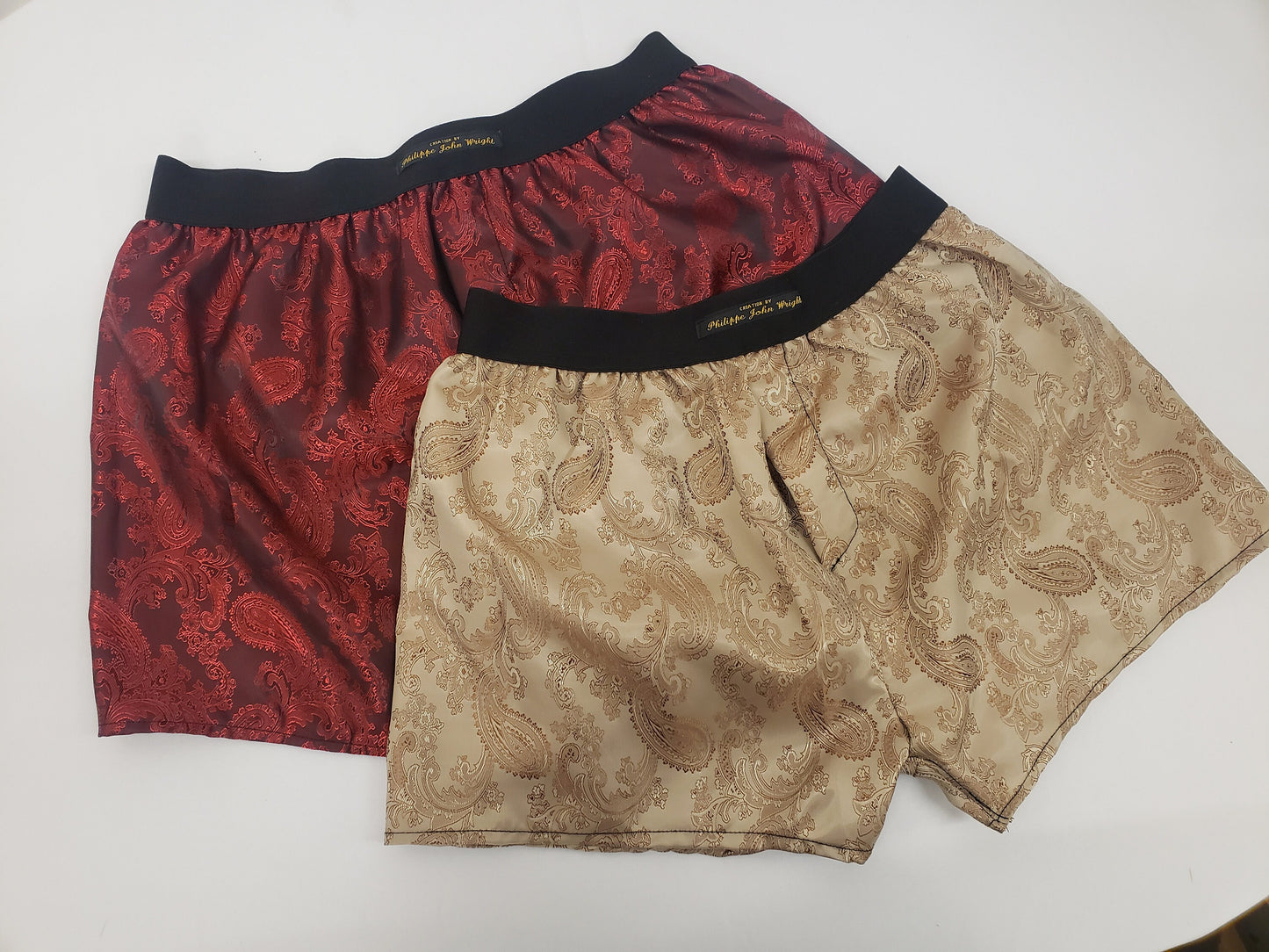 Two silk boxer shorts double bundle paisley motif made in France BURGUNDY RED and BEIGE
