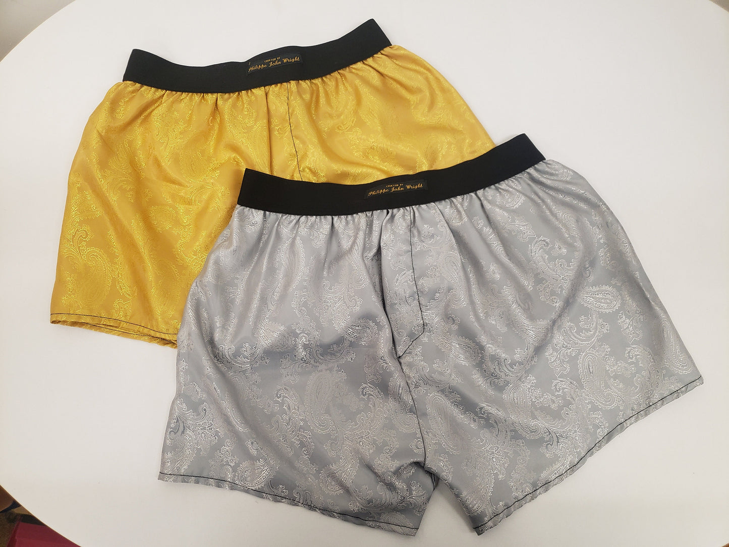 Two silk boxer shorts double bundle paisley pattern made in France GOLD and SILVER