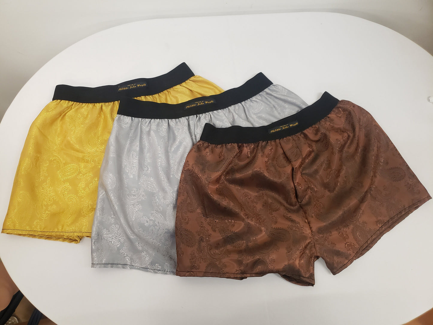 Three silk boxer shorts triple bundle paisley pattern made in France GOLD, SILVER and BRONZE