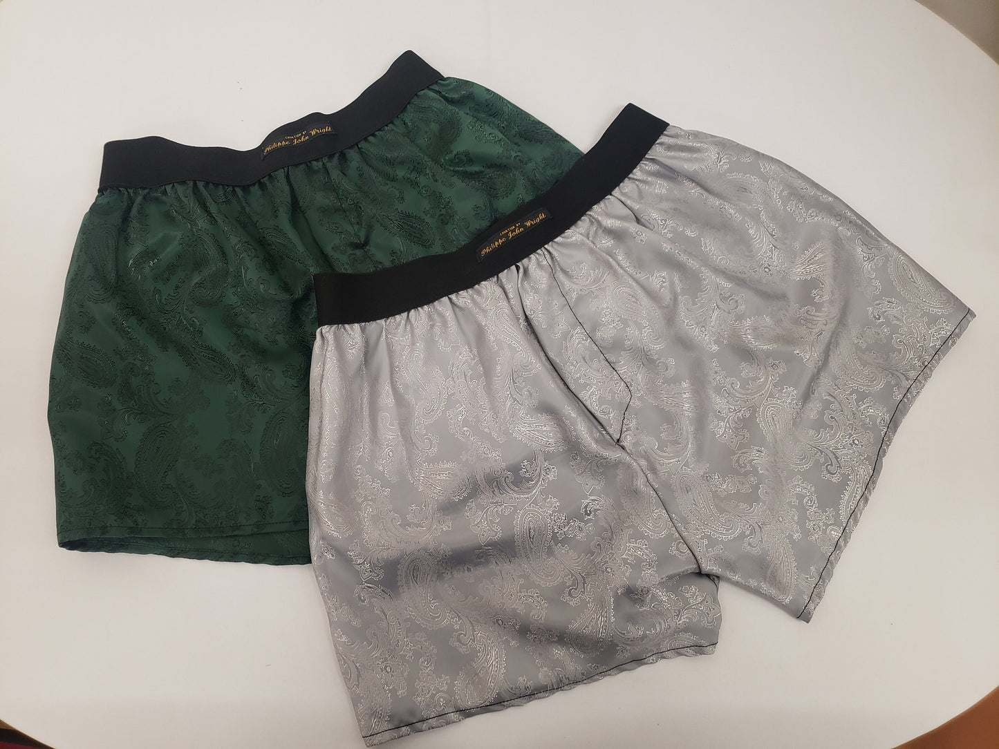 Three silk boxer shorts triple bundle paisley motif made in France GREEN , SILVER and BROWN
