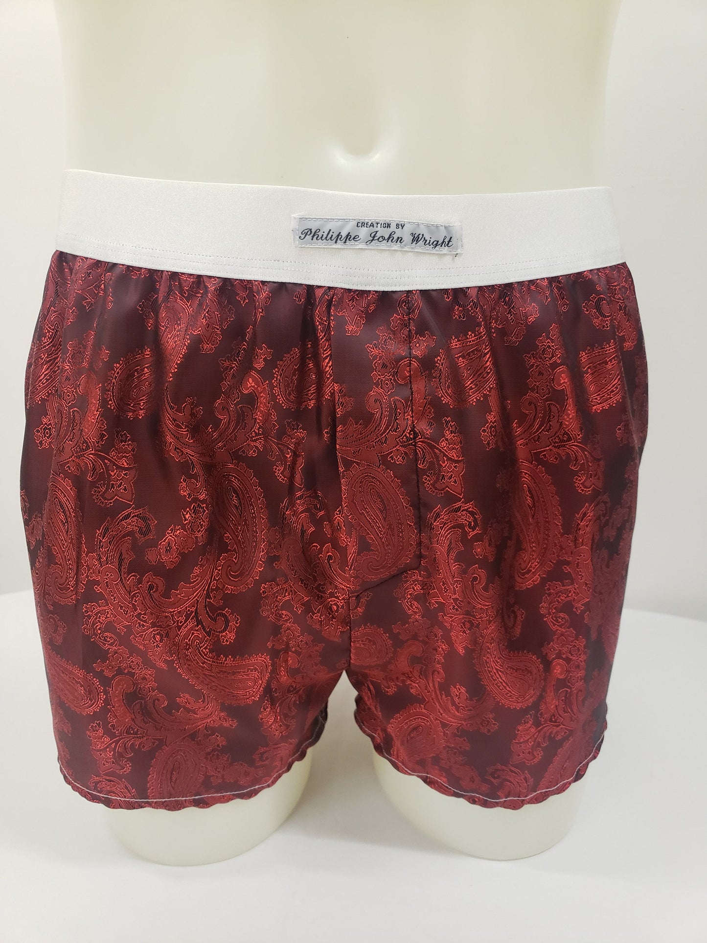 Burgandy silk boxer shorts paisley motif made in France