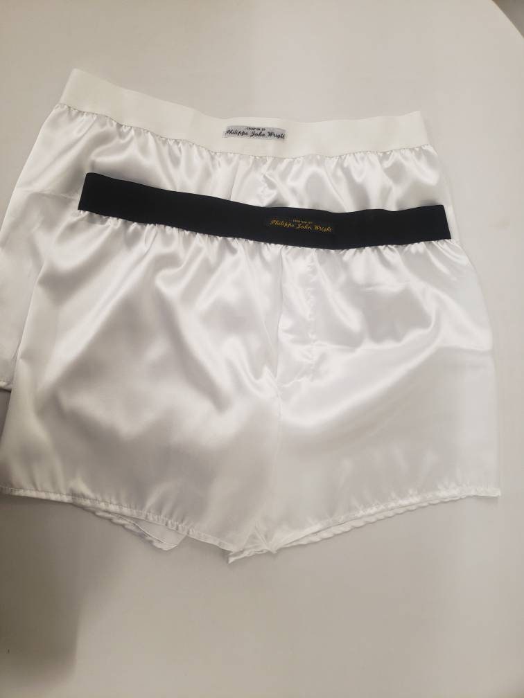 Mens satin boxer brief bundle, silky pure white satin with black and white elastic.