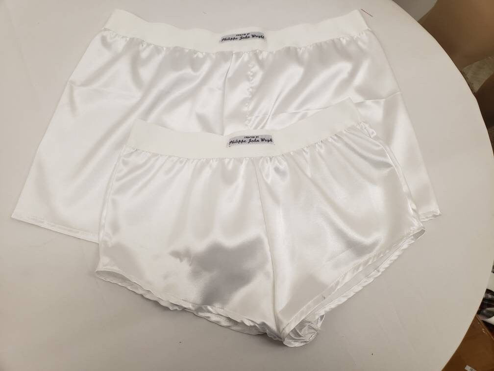 His and her silky Satin boxer short and boy shorts bundle hand made in France perfect for gifts
