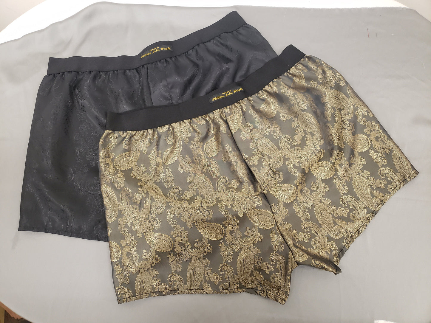 silk boxer shorts gold and navy paisley pattern made in France
