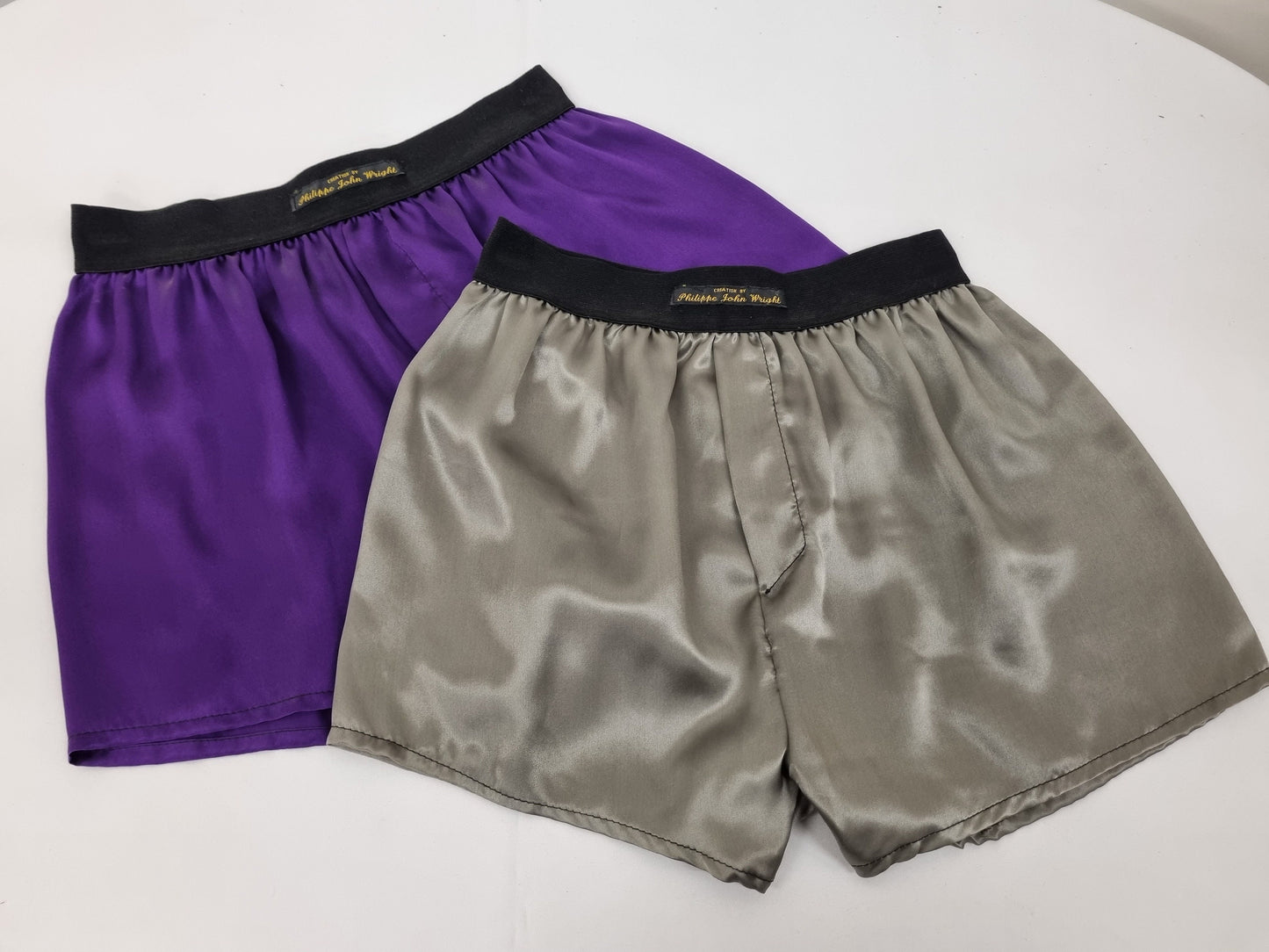 High quality double bundle silver and purple Silk boxer shorts made in France