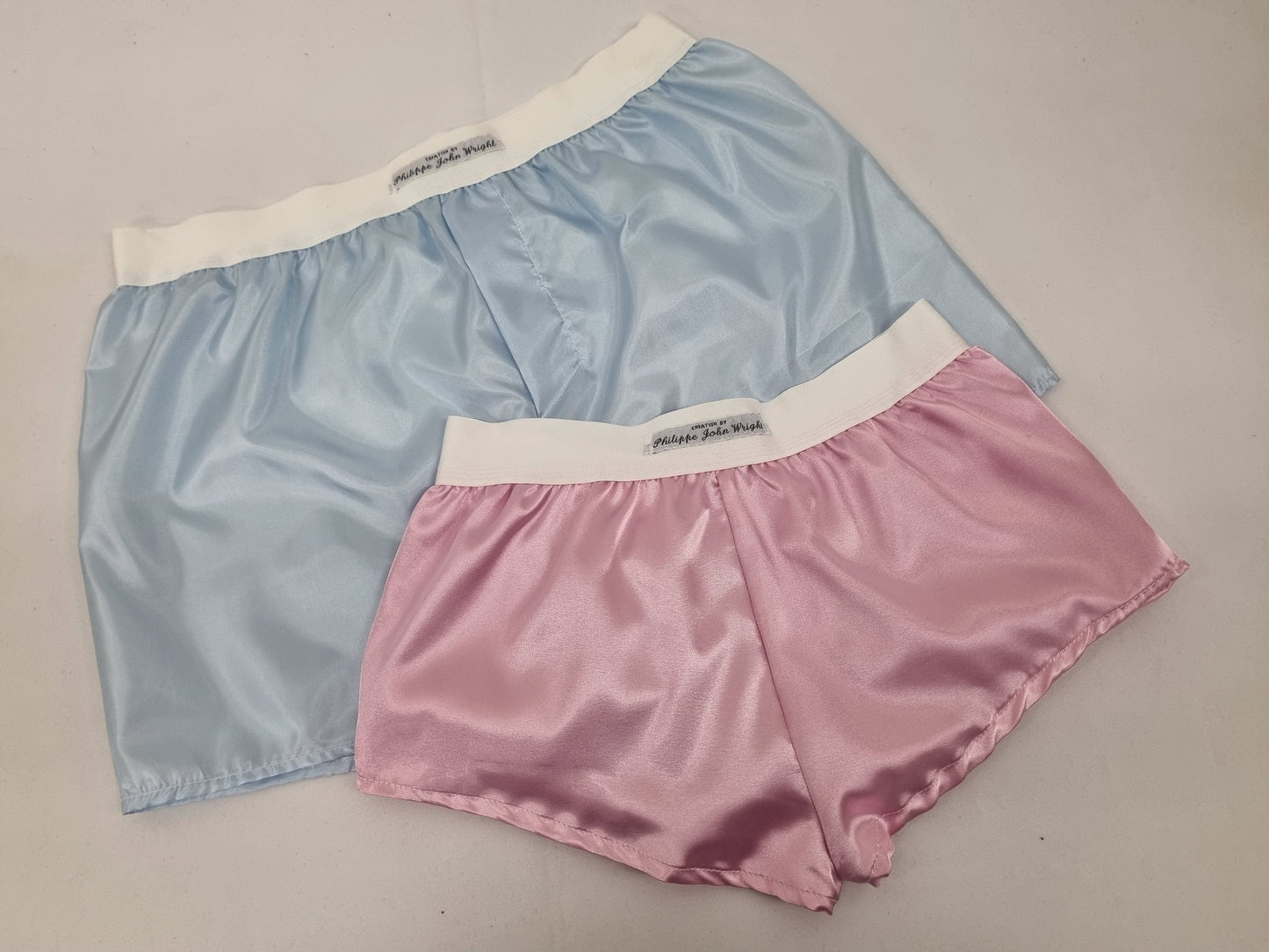 His and her satin PALE BLUE and PINK boxer short and boy shorts bundle hand made in France.