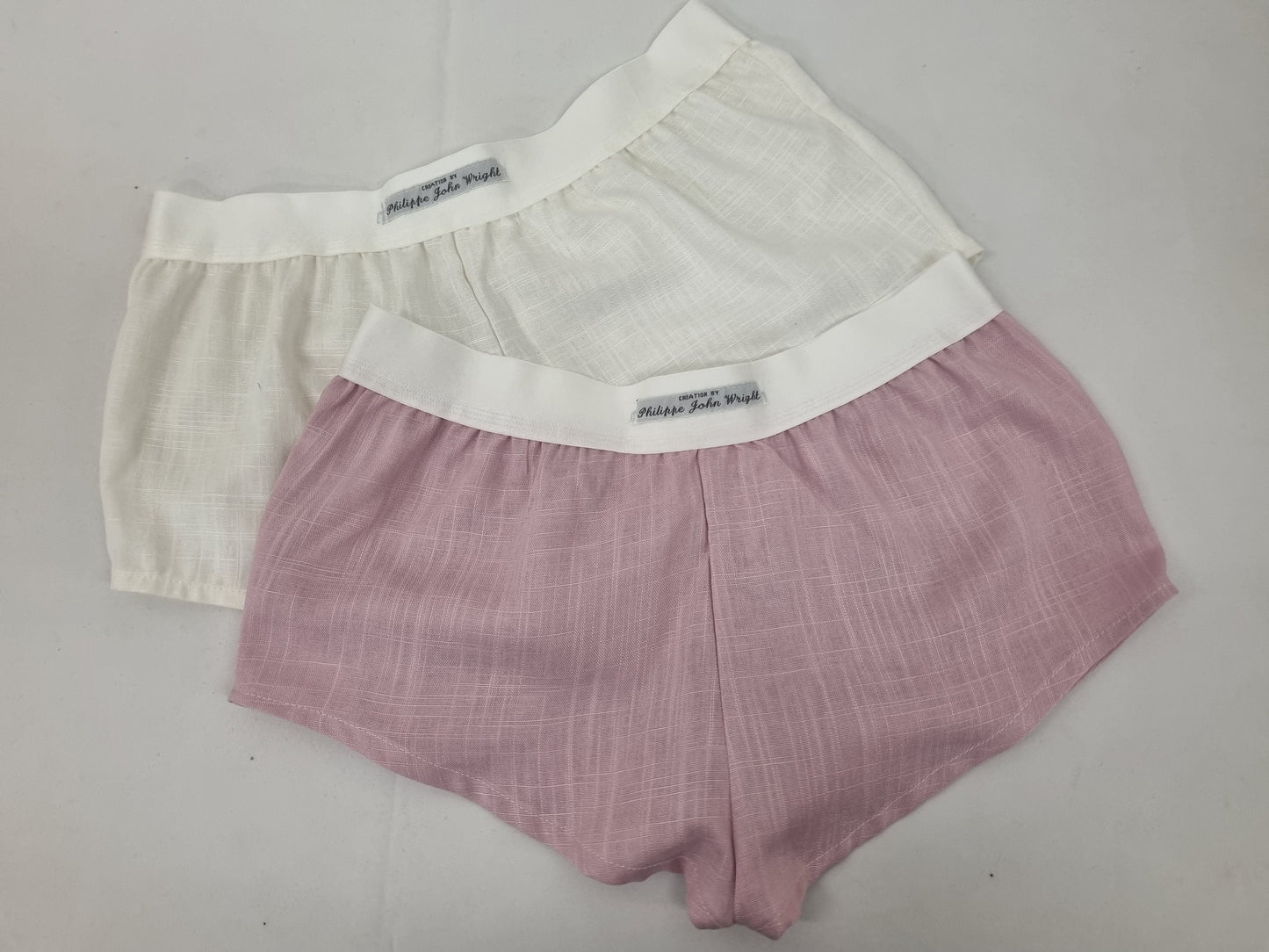 Womans double bundle PINK and WHITE linen boy shorts, pajamas, French knickers made in France