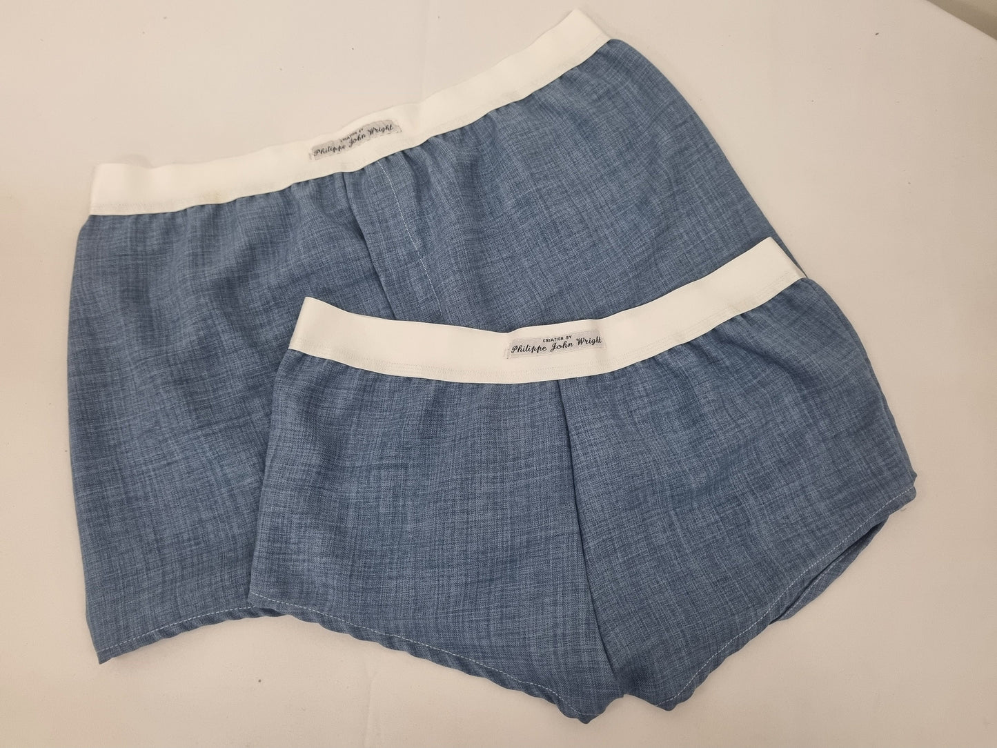 couple gift matching underwear His and her linen BLUE boxer short and boy shorts bundle hand made in France.