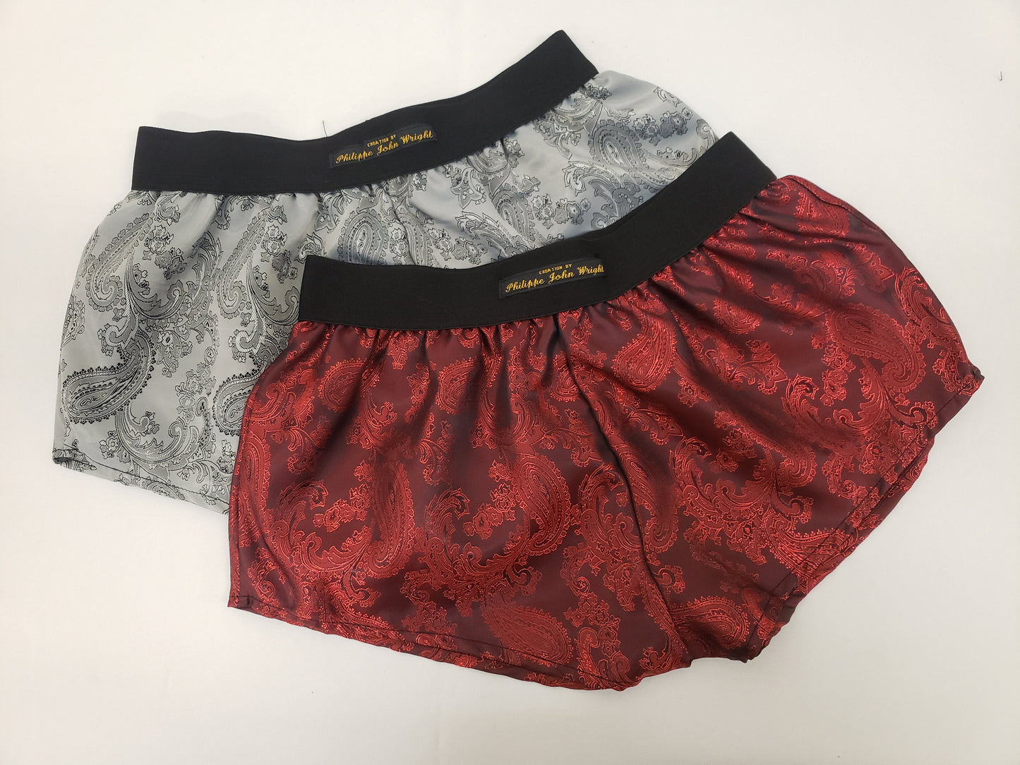 Womans double bundle RED and SILVER silk paisley boy shorts, pajamas, french knickers made in france