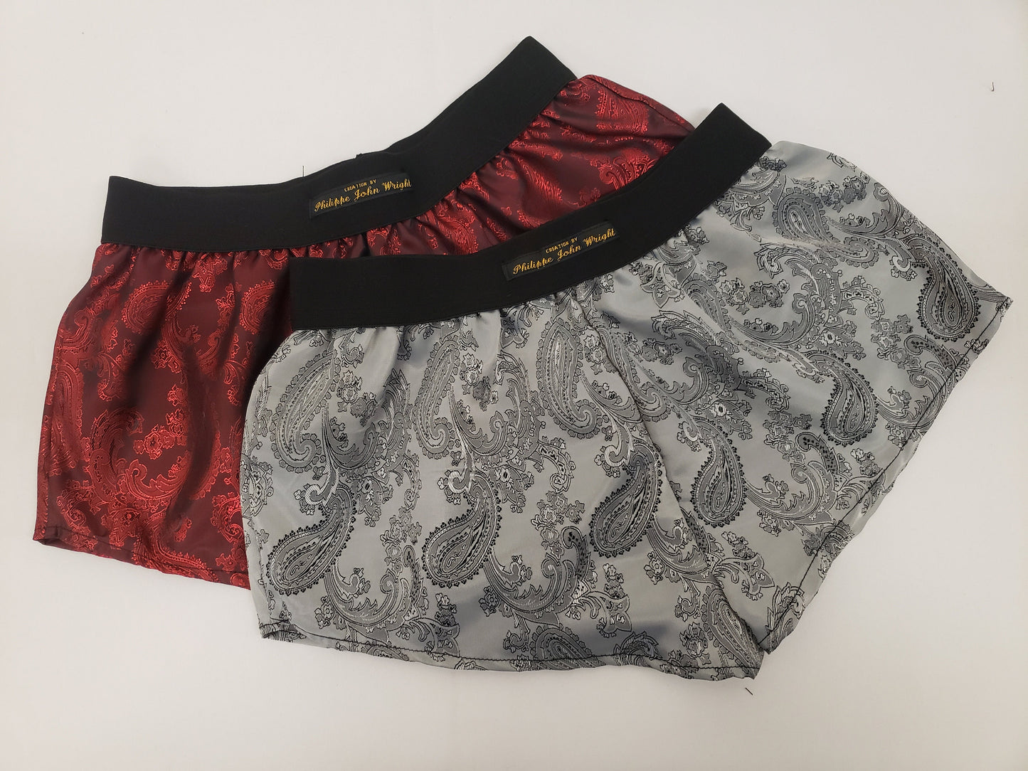 Womans double bundle RED and SILVER silk paisley boy shorts, pajamas, french knickers made in france
