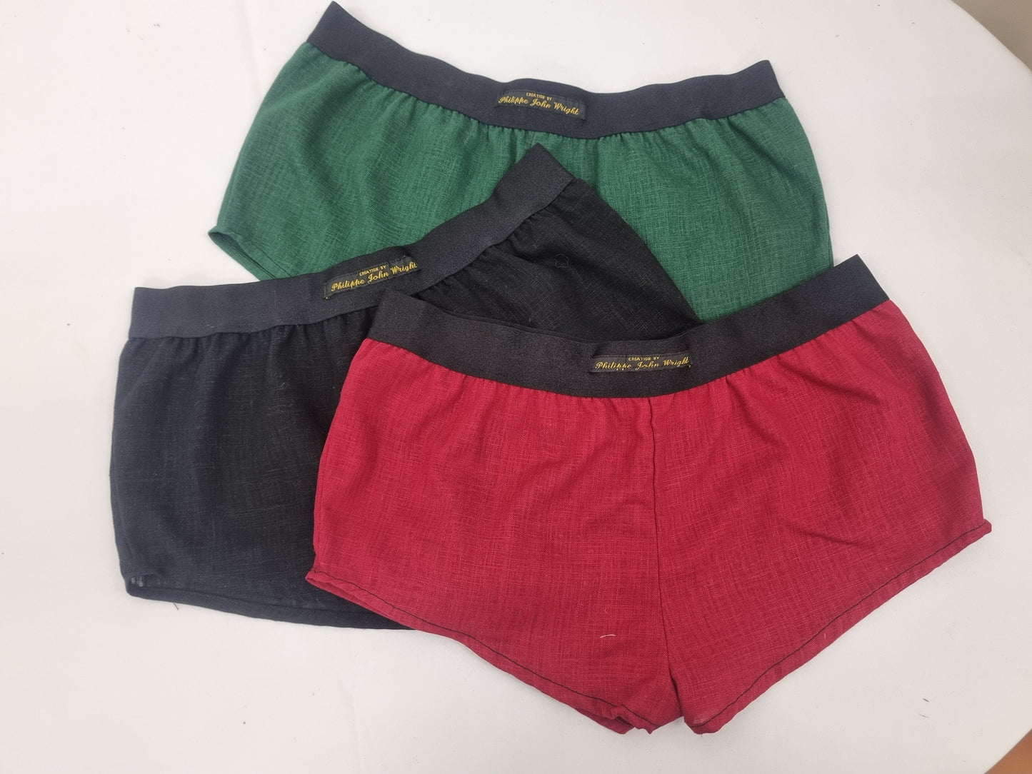 Womans tripple bundle RED, GREEN and BLACK linen boy shorts, pajamas, French knickers made in France