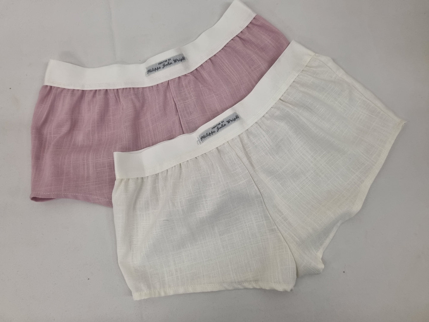 Womans double bundle PINK and WHITE linen boy shorts, pajamas, French knickers made in France