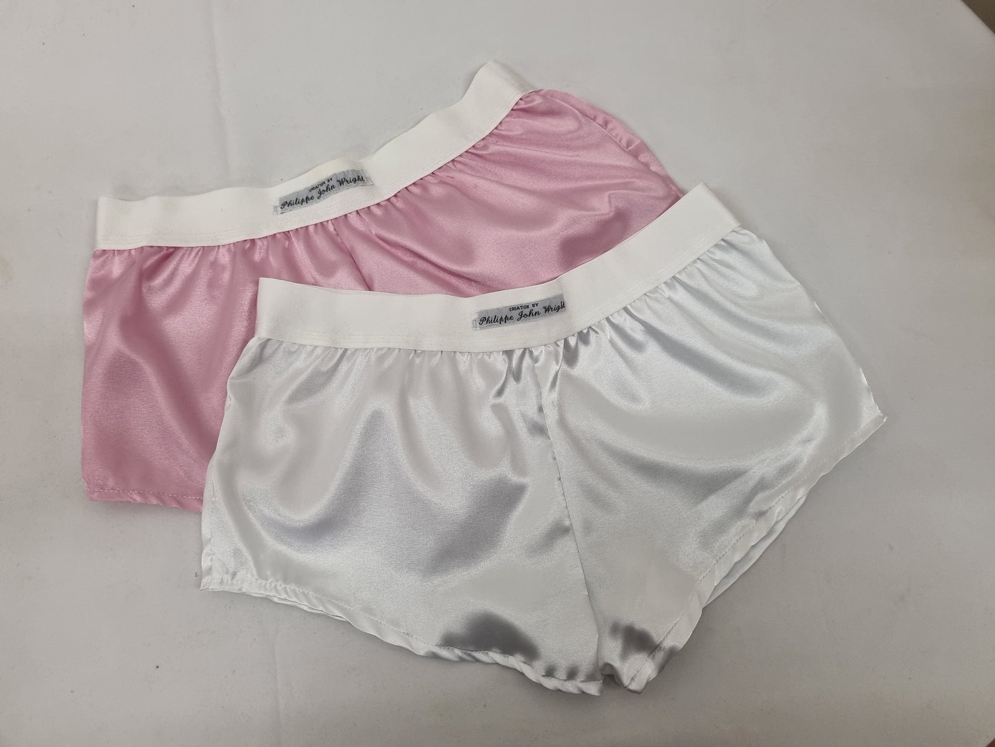 Womans double bundle WHITE and PINK satin boy shorts, pajamas, French knickers made in France