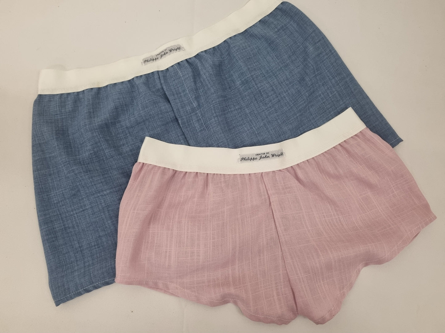 couple gift matching underwear His and her linen PALE BLUE and PINK boxer short and boy shorts bundle hand made in France.