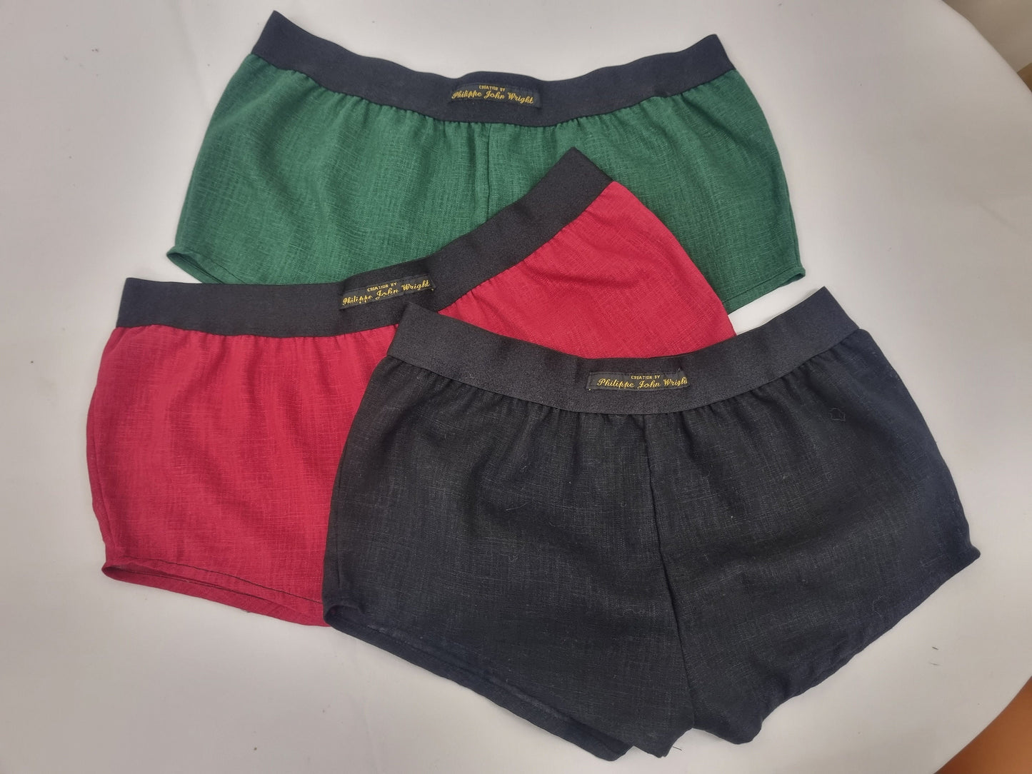 Womans tripple bundle RED, GREEN and BLACK linen boy shorts, pajamas, French knickers made in France