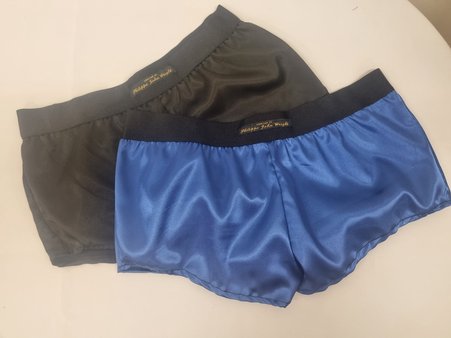 Womans double bundle ROYAL BLUE and BLACK satin boy shorts, pajamas, French knickers made in France