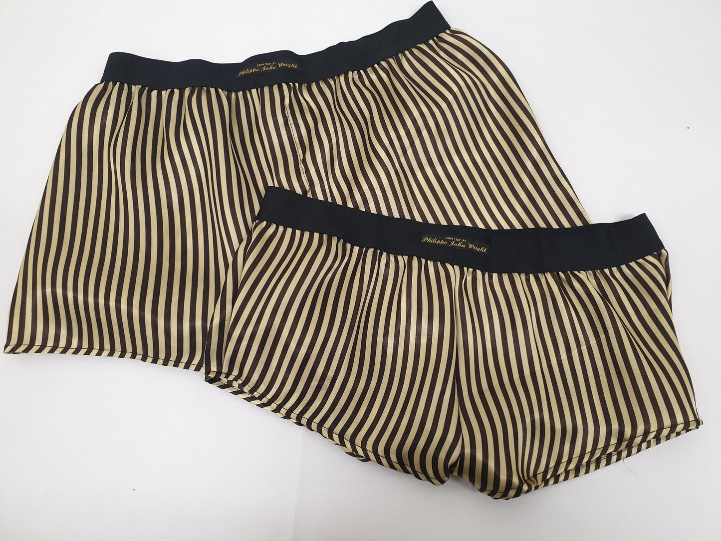 His and her BLACK and GOLD STRIPED silky Satin boxer short and boy shorts bundle hand made in France perfect for gifts