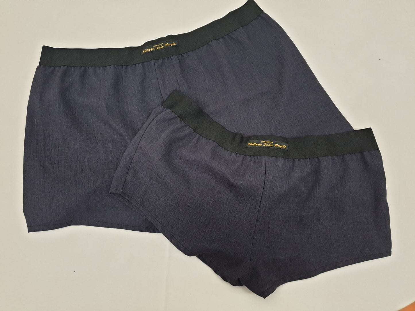 couple gift matching underwear His and her linen NAVY BLUE boxer short and boy shorts bundle hand made in France.
