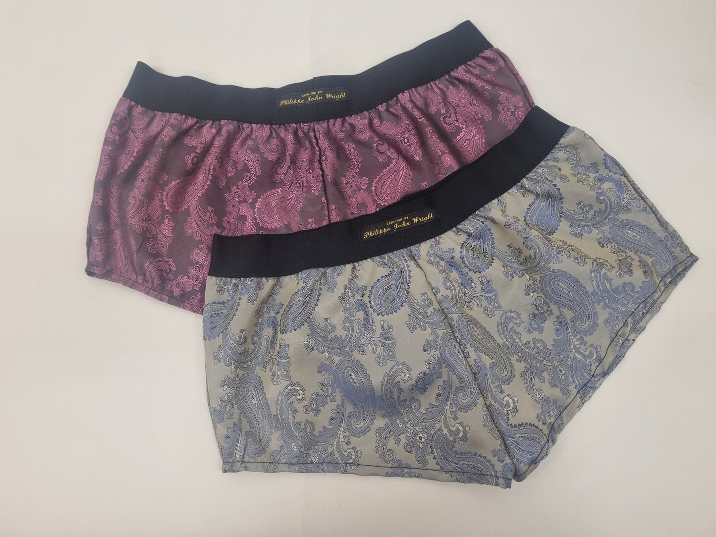 Womans double bundle PINK and BLUE silk paisley boy shorts, pajamas, French knickers made in France