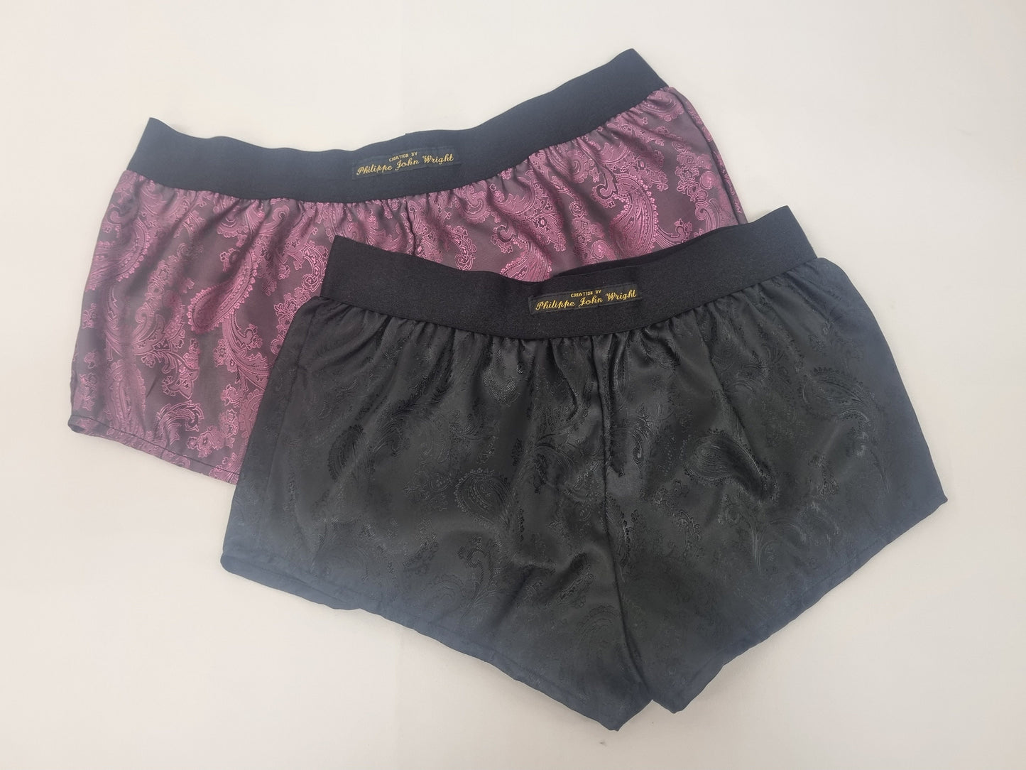 Womans double bundle PINK and BLACK silk paisley boy shorts, pajamas, French knickers made in France