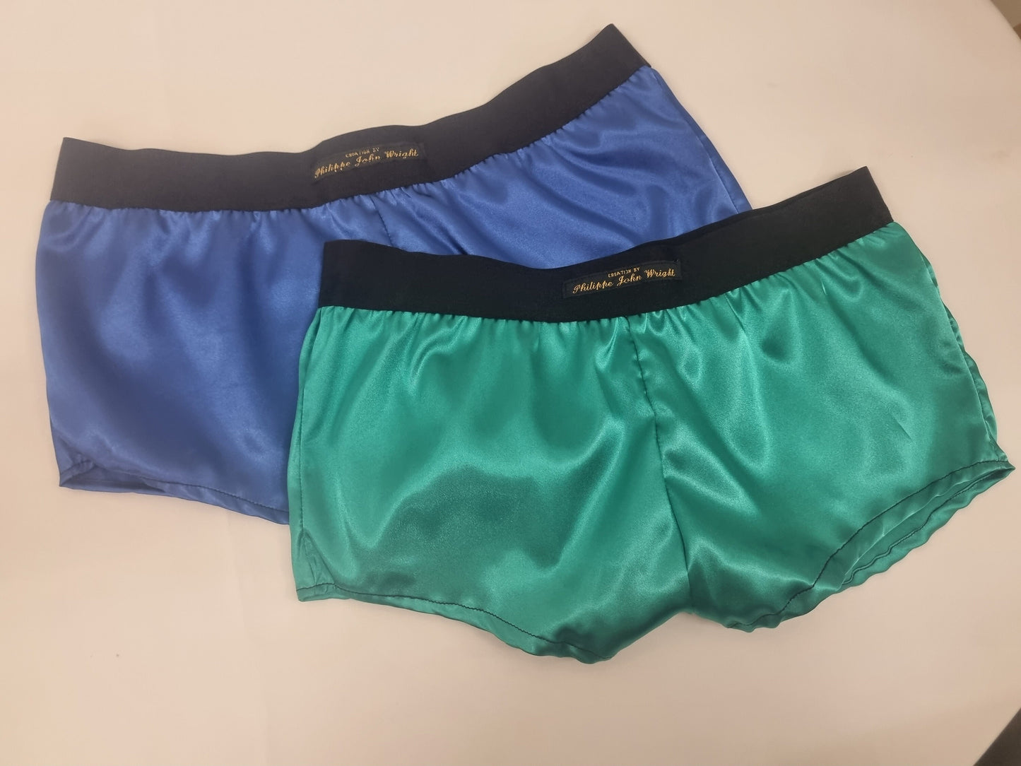 Womans double bundle ROYAL BLUE and GREEN satin boy shorts, pajamas, French knickers made in France