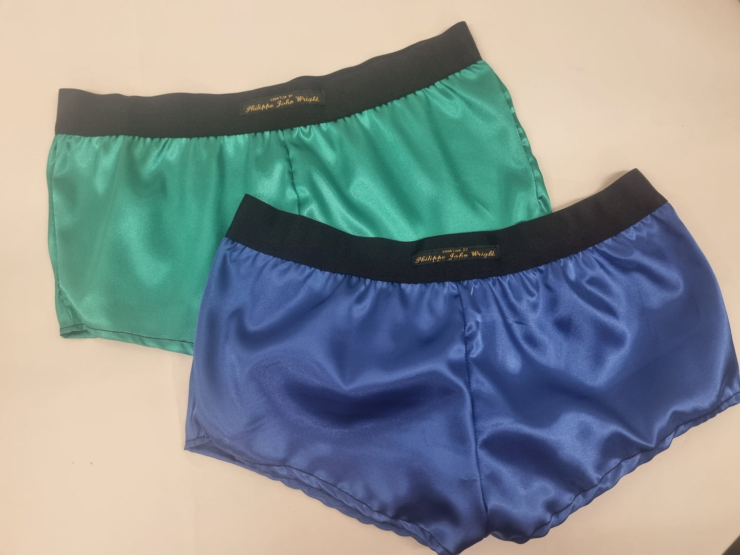 Womans double bundle ROYAL BLUE and GREEN satin boy shorts, pajamas, French knickers made in France
