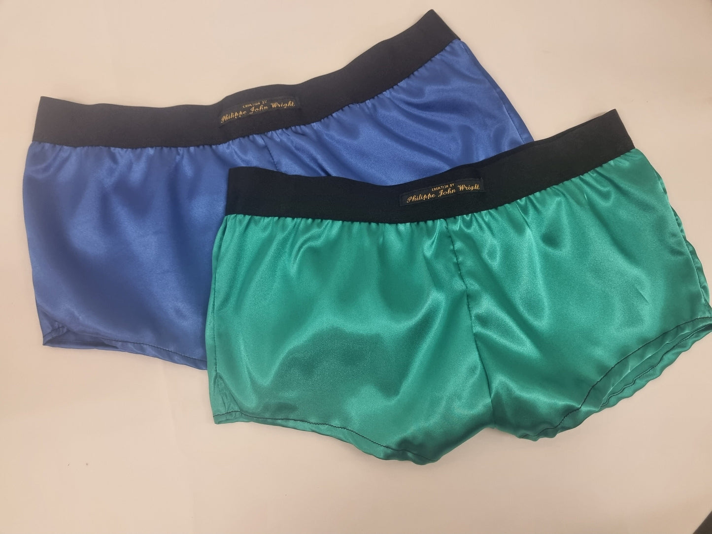 Womans double bundle ROYAL BLUE and GREEN satin boy shorts, pajamas, french knickers made in france