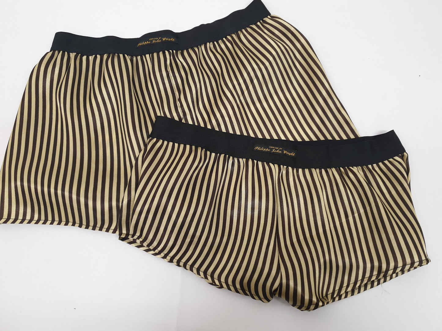 His and her BLACK and GOLD STRIPED silky Satin boxer short and boy shorts bundle hand made in France perfect for gifts