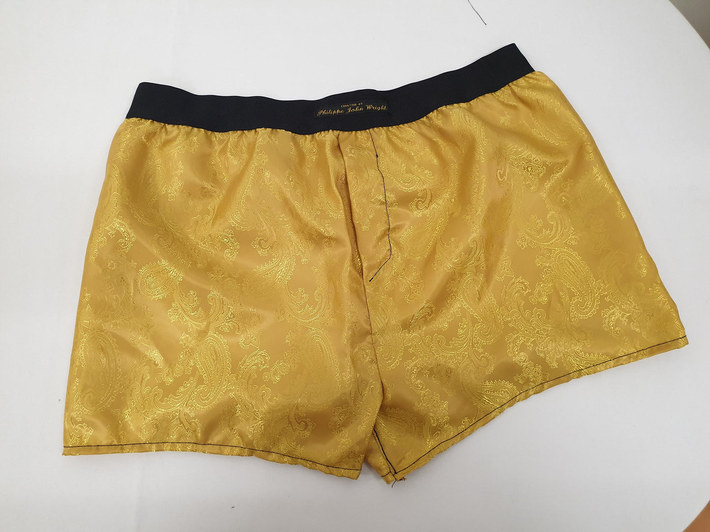 bright gold silk boxer shorts paisley pattern made in France