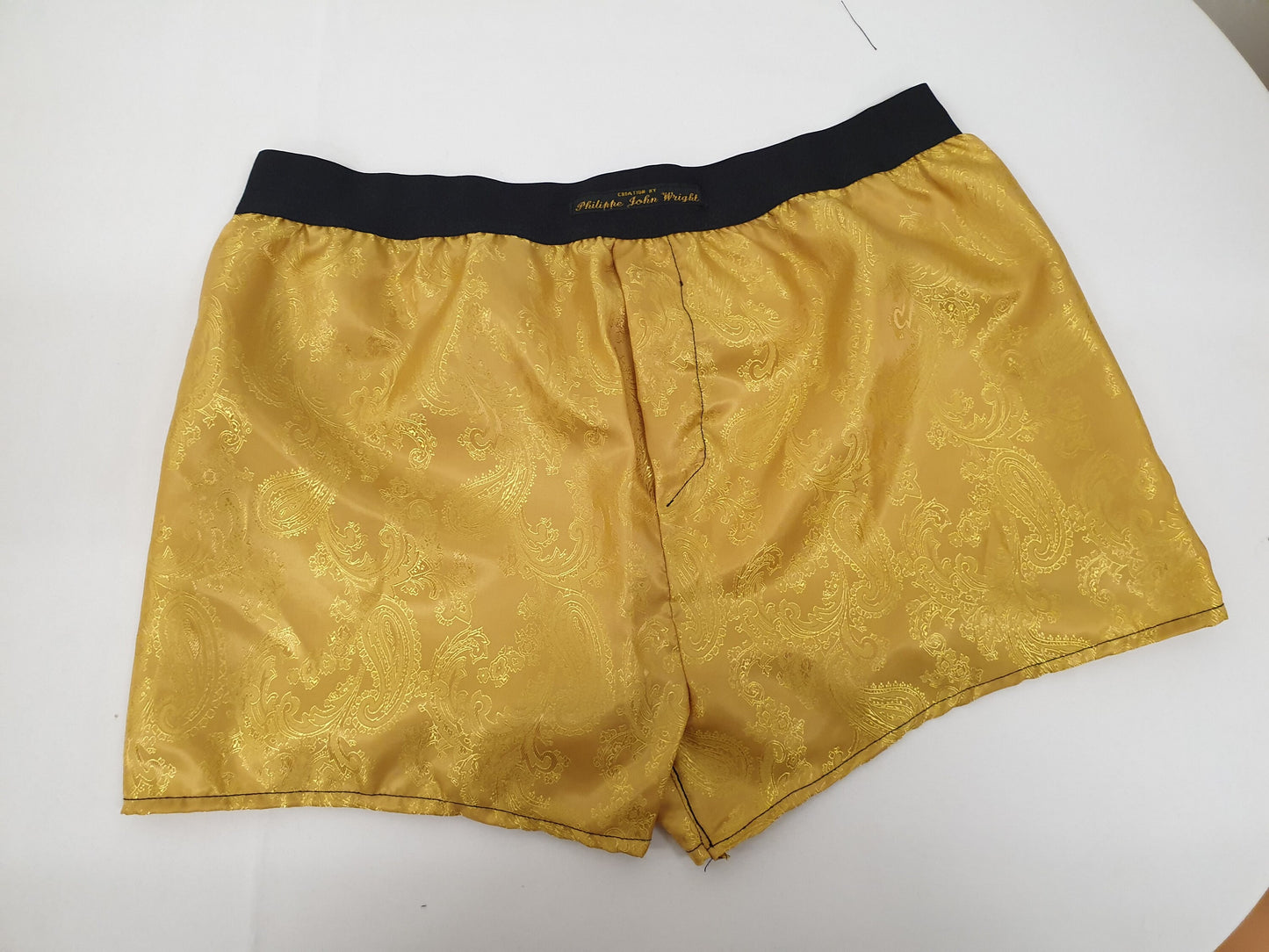 bright gold silk boxer shorts paisley pattern made in France
