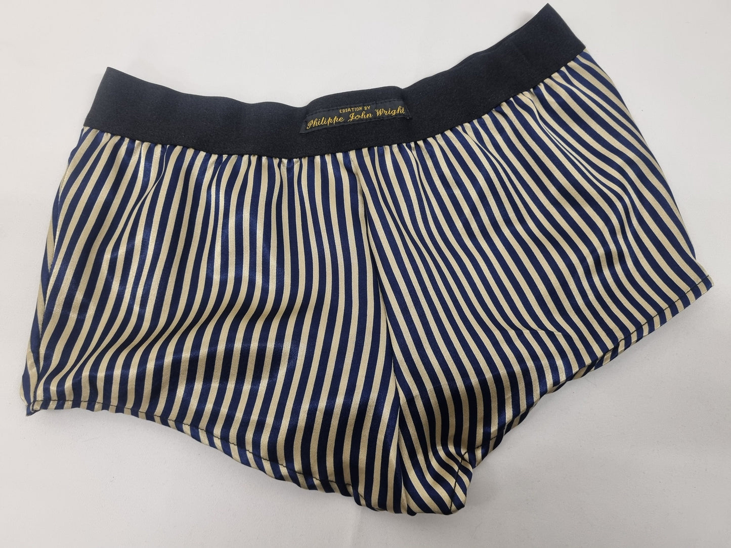 His and her BLUE and GOLD STRIPED silky Satin boxer short and boy shorts bundle hand made in France perfect for gifts