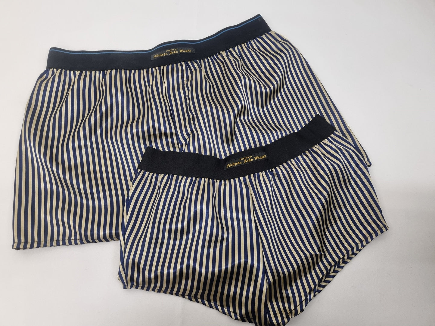 His and her BLUE and GOLD STRIPED silky Satin boxer short and boy shorts bundle hand made in France perfect for gifts