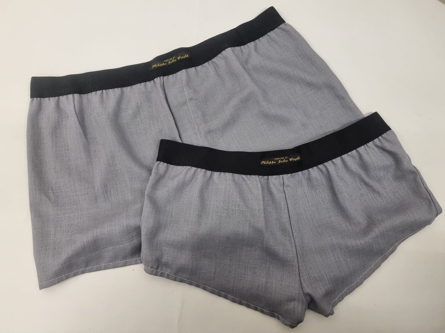 couple gift matching underwear His and her linen GRAY boxer short and boy shorts bundle hand made in France.