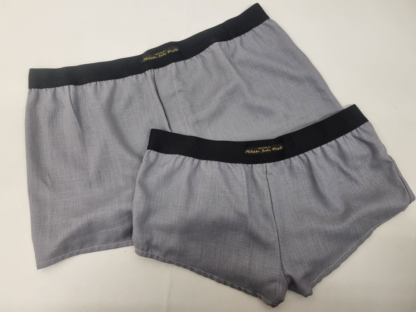 couple gift matching underwear His and her linen GREY boxer short and boy shorts bundle hand made in France.