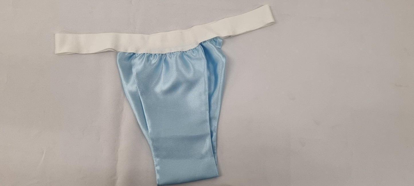 Men BLUE shiny satin briefs tanga like underwear fully lined with silky finish.