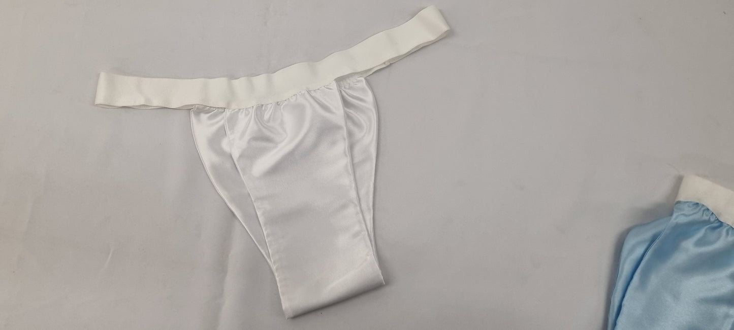 Men WHITE shiny satin briefs tanga like underwear fully lined with silky finish.