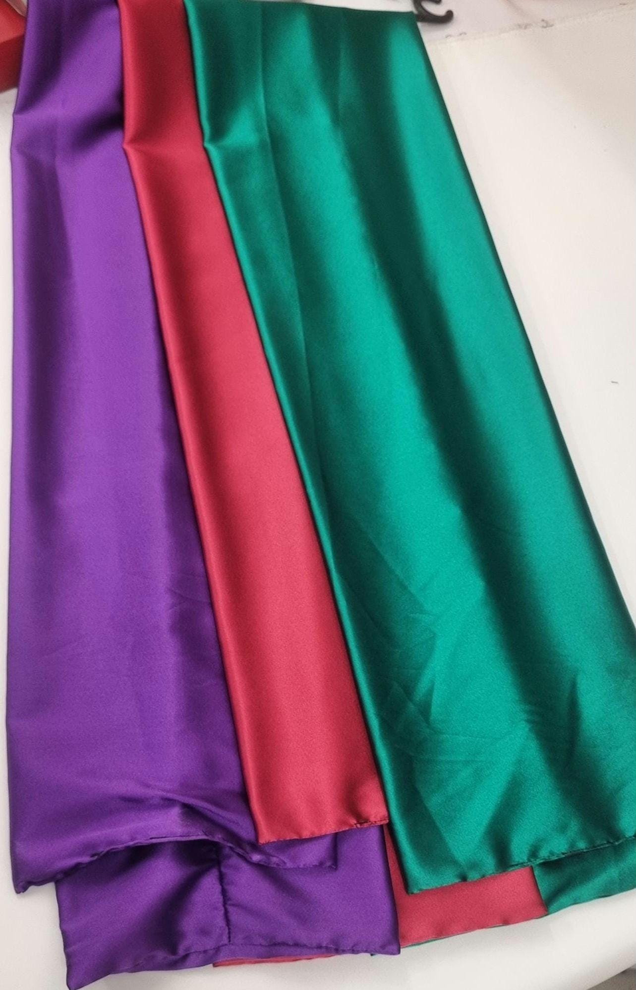 Silky scarf foulard bundle in PURPLE, RED and GREEN hight quality satin , hand made in France. 140x20 cm
