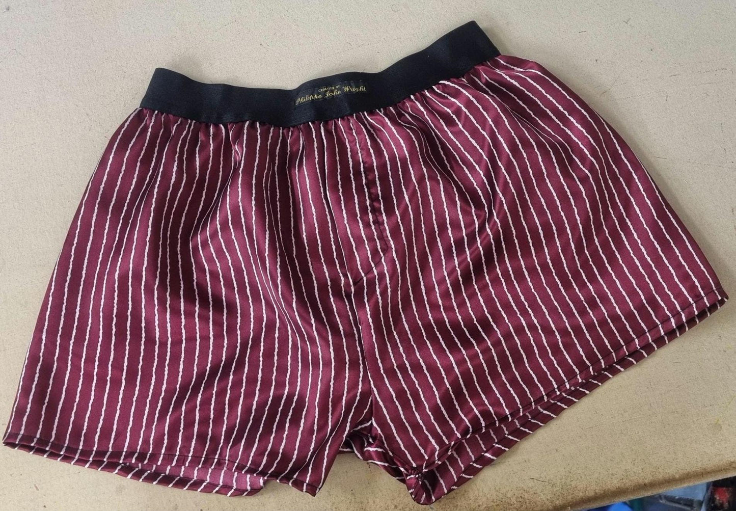 satin boxer shorts in burgundy with white stripes for men hand made in France