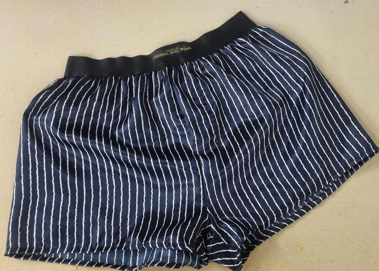 satin boxer shorts in navy with white stripes for men hand made in France