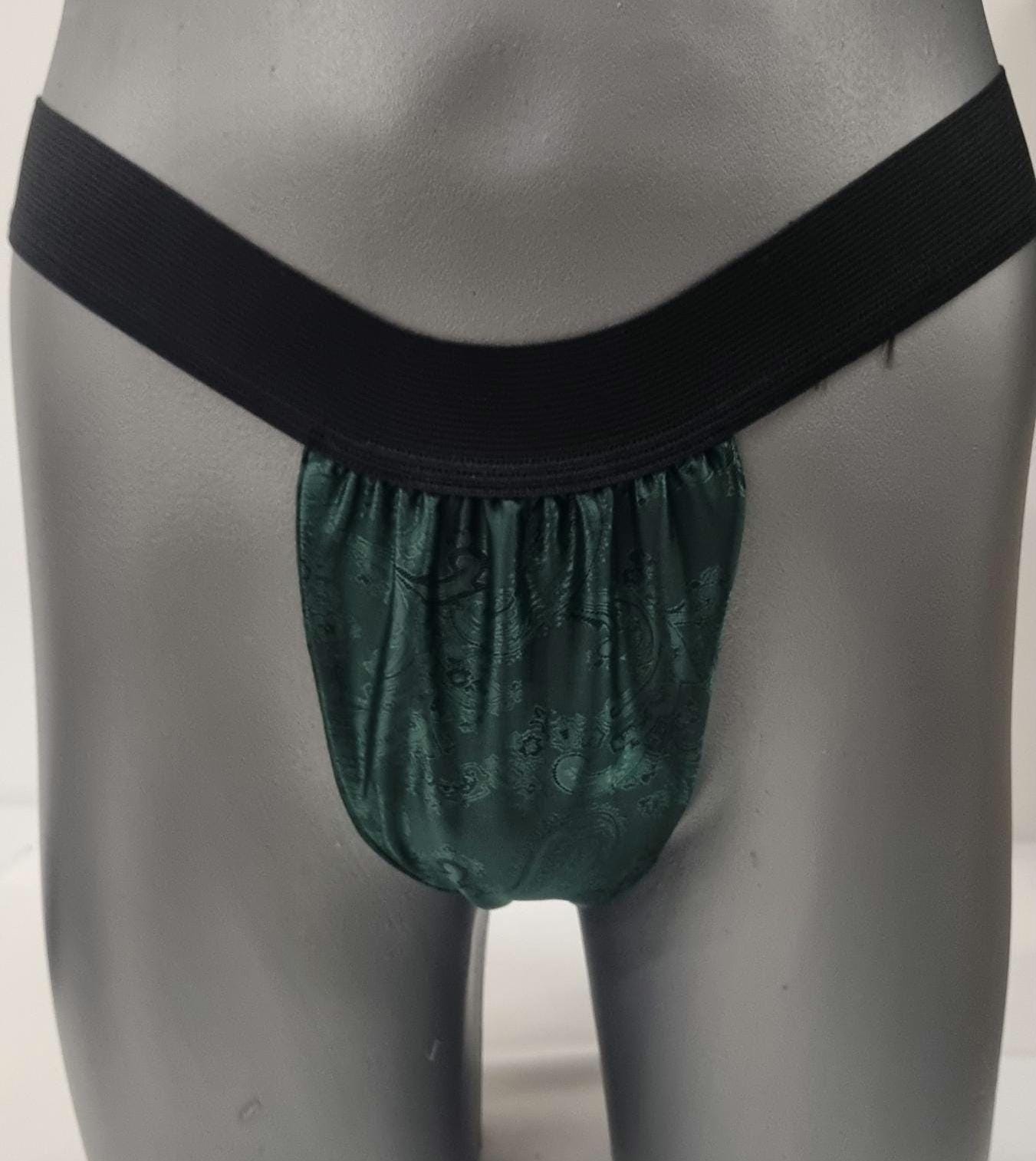 Men FOREST GREEN shiny silk paisley pattern briefs tanga like underwear fully lined with silky finish.