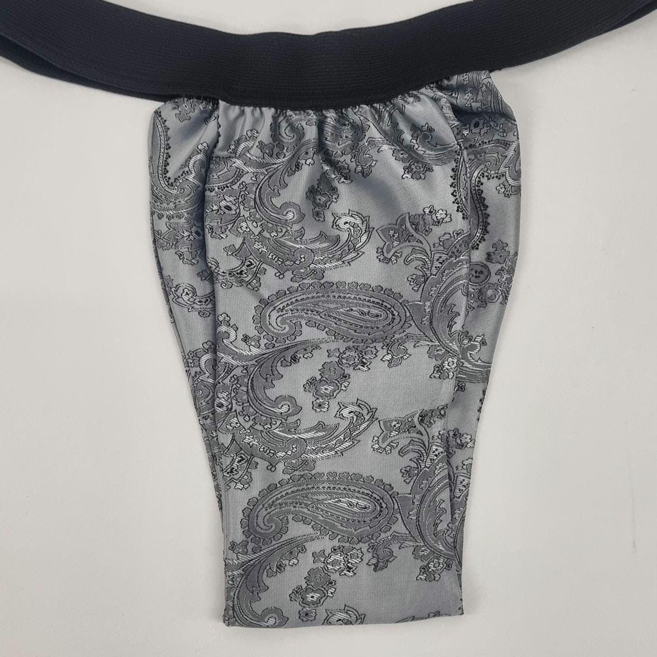Men SILVER shiny silk paisley motif briefs tanga like underwear fully lined with silky finish.