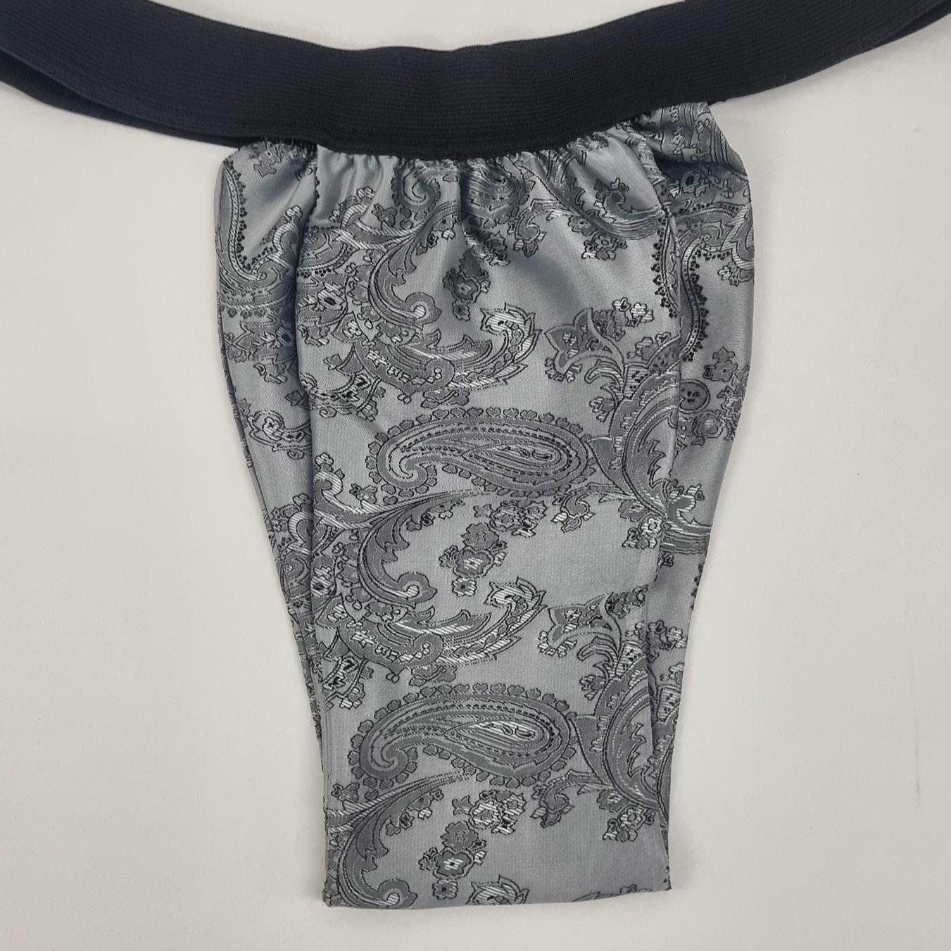 Men SILVER shiny silk paisley pattern briefs tanga like underwear fully lined with silky finish.