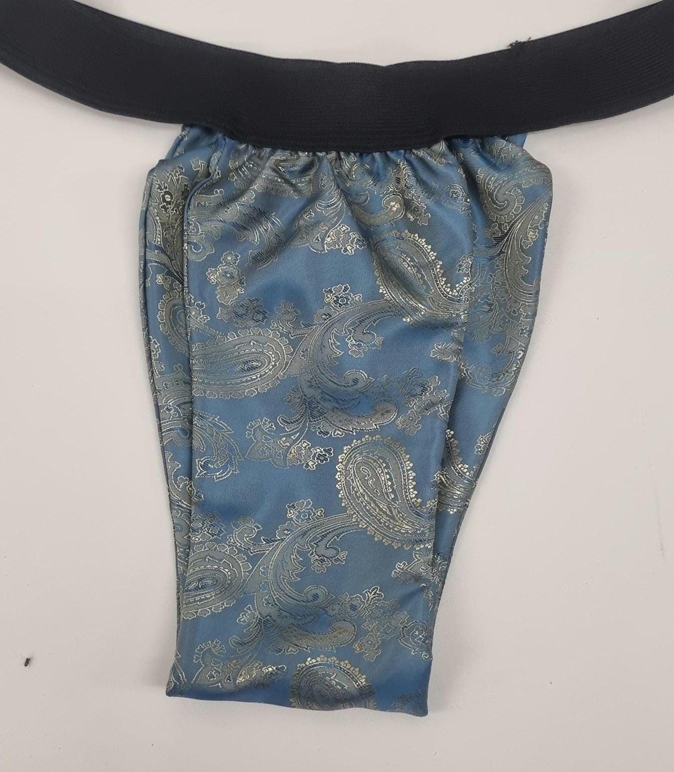Men GOLDEN BLUE shiny silk paisley pattern briefs tanga like underwear fully lined with silky finish.