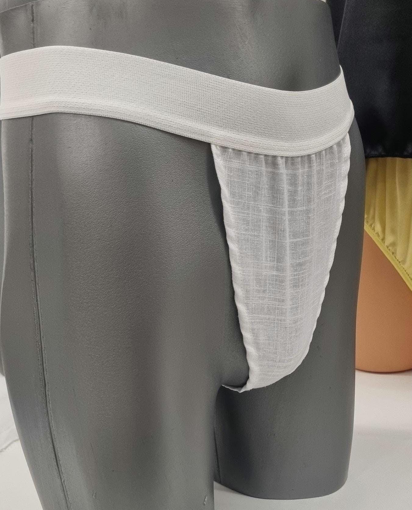 Men G-string briefs underwear in natural white linen. Cheeky boy thong sexy underwear for man.