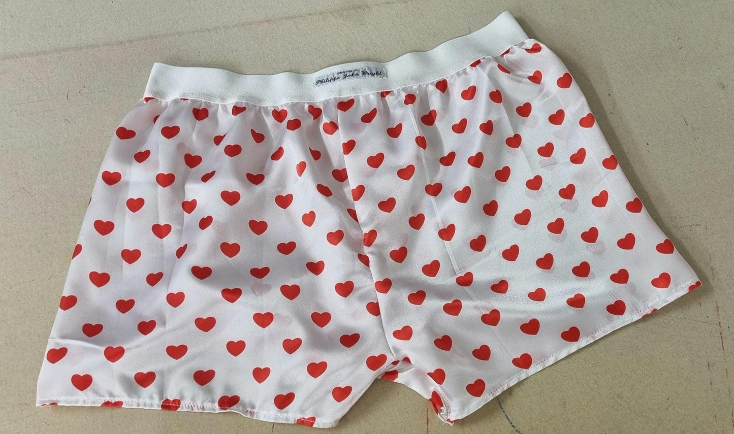 Love heart silky soft satin boxer shorts for men hand made in France