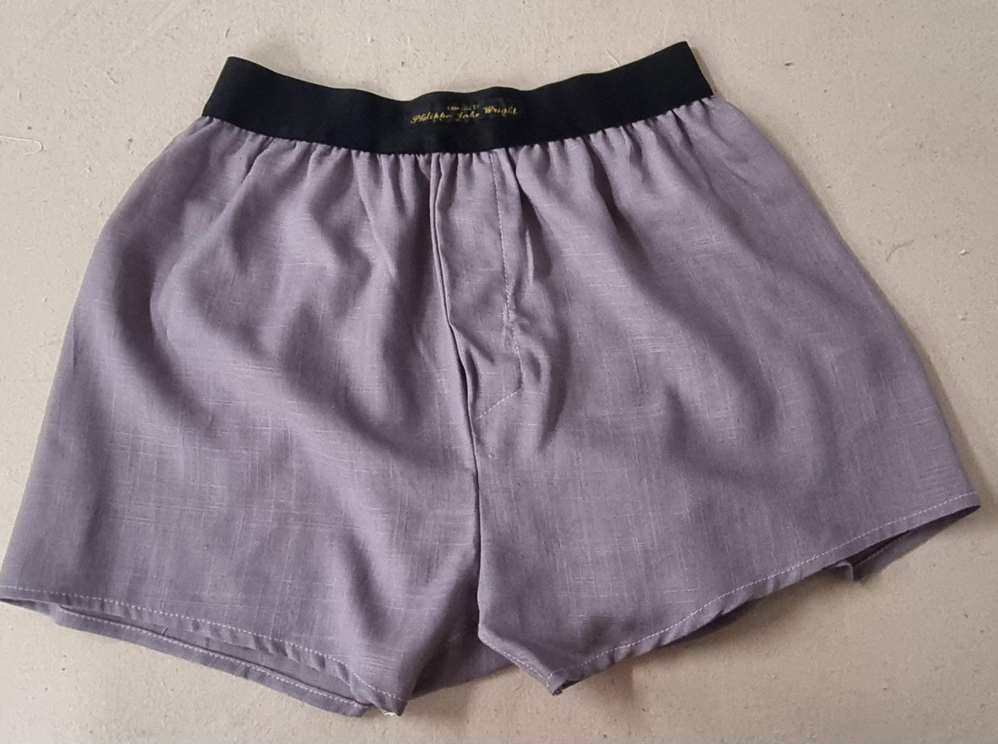 Gray and blue LINEN men boxer short bundle with white elastic.