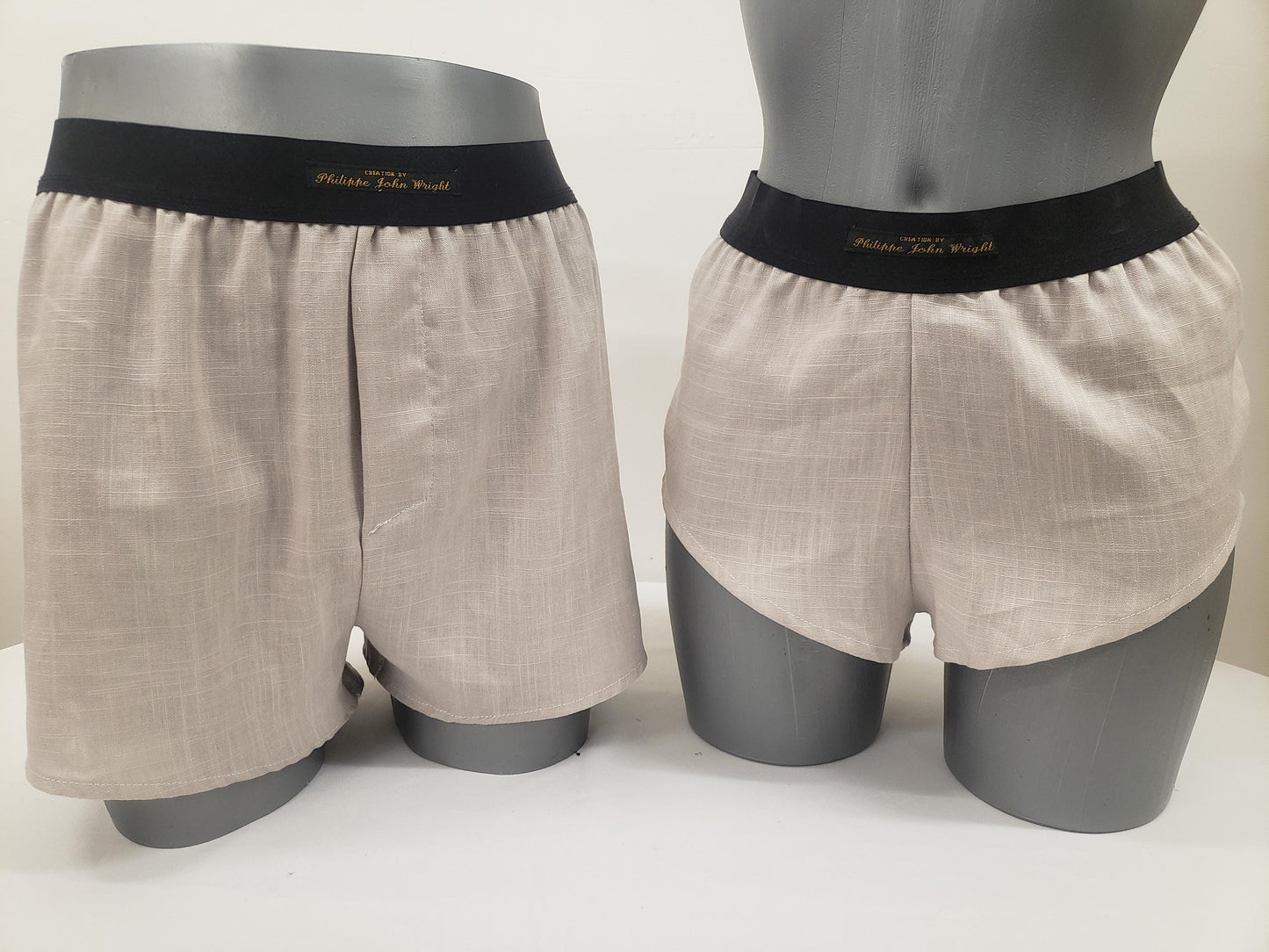His and her BEIGE LINEN mens boxer shorts and womens linen boy shorts with black elastic.